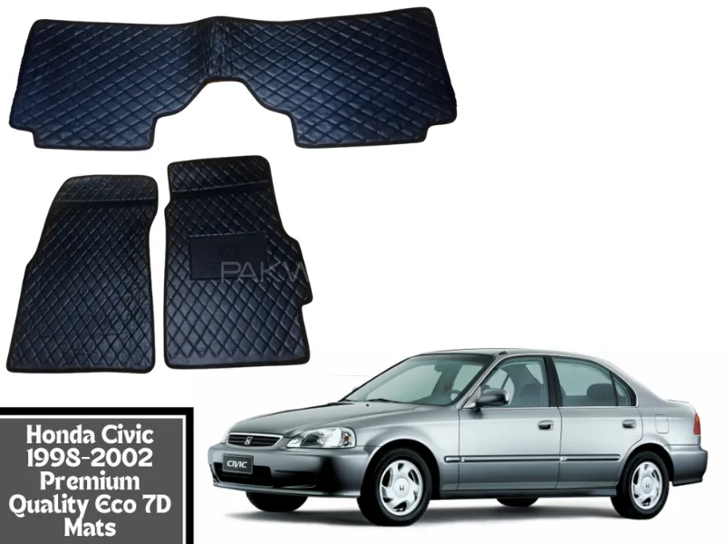 Honda Civic 1998-2002 7D Flat Eco Mats | Honda Civic 1998-2002 Black Color 7D Eco Mats With Red