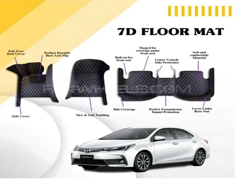 Toyota Corolla 2014-2024 7D Floor Mats - Black Multi Color Thread - 3 Pcs  Image-1