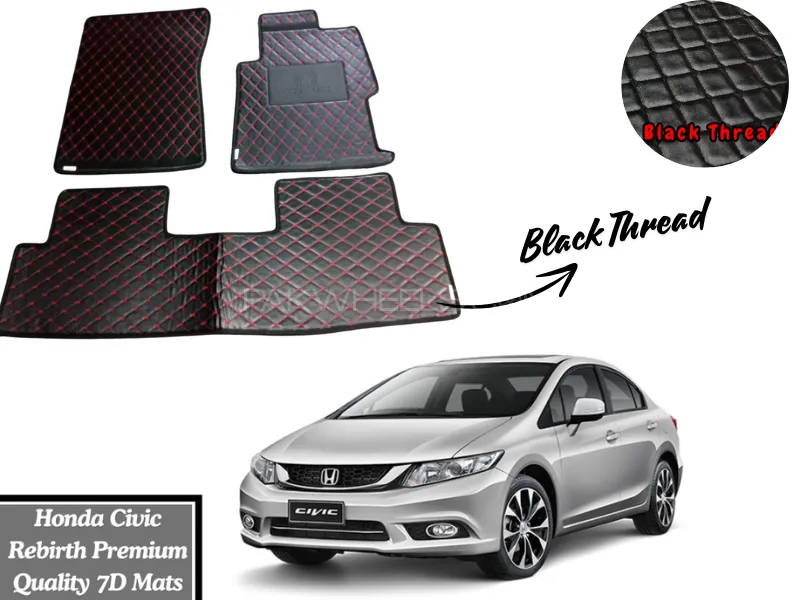 Honda Civic Rebirth 2013-2016 7D Flat Eco Mats | Civic Rebirth Black Color Mats With Black Thread Image-1