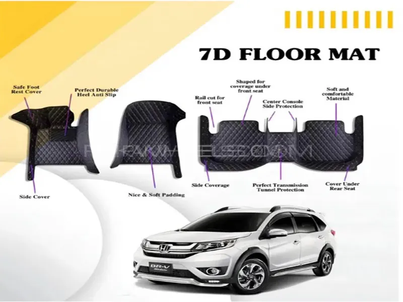 Honda BRV 2017-2021 7D Floor Mats - Black Multi Color Thread - 3 Pcs 