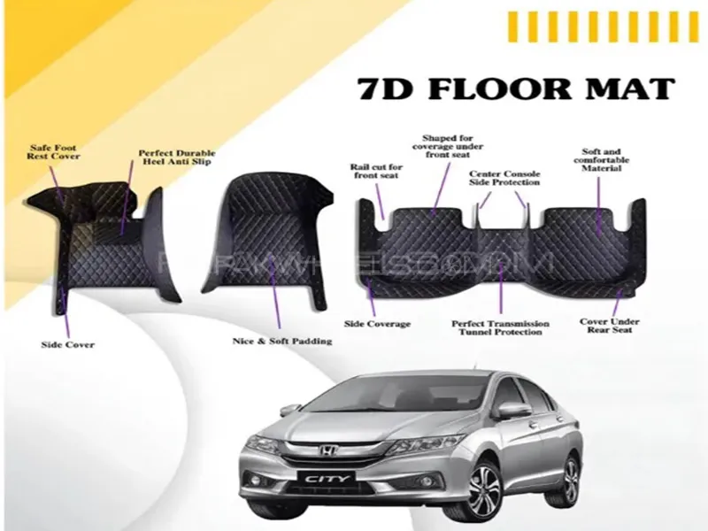 Honda City 2021-2024 7D Floor Mats - Black Multi Color Thread - 3 Pcs  Image-1