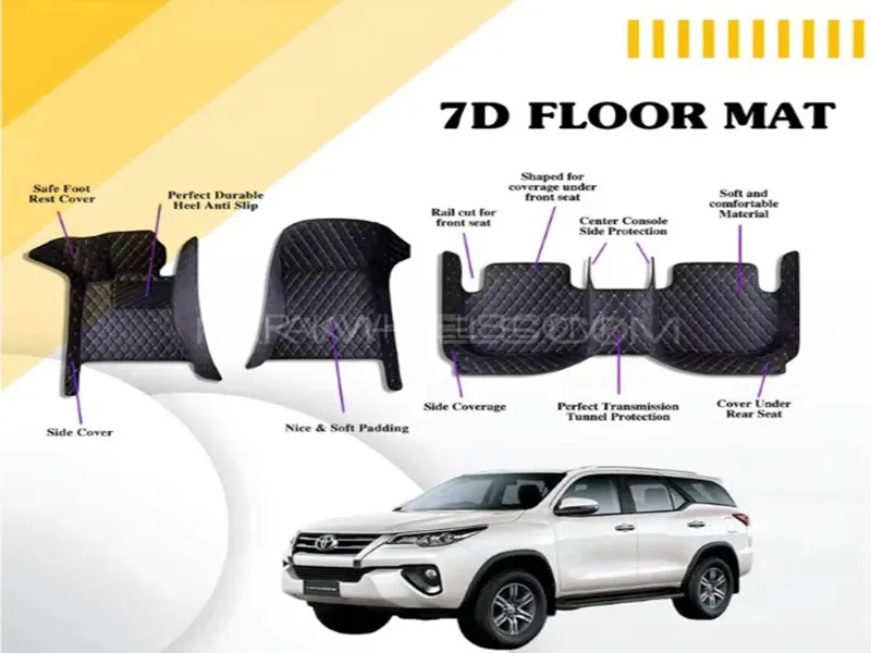 Toyota Fortuner 2016-2021 7D Floor Mats - Black Multi Color Thread -3 Pcs Image-1