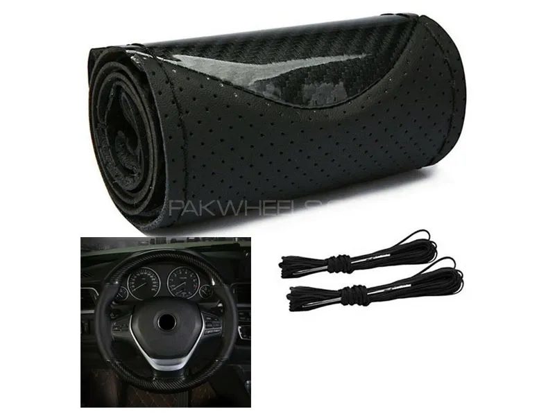 Universal Leather Steering Wheel Cover Carbon Fiber Pattern Fashion Sport Hand Stitches Soft Anti -  Image-1