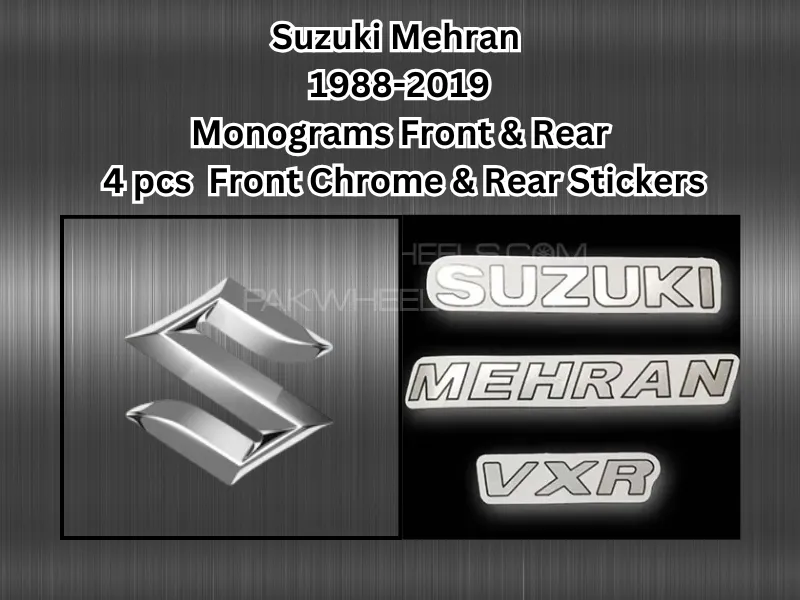 Suzuki Mehran 1988-2019 Monograms | Front & Rear | 4 pcs | Front Chrome & Rear Stickers Image-1