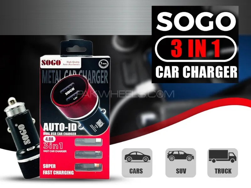 Sogo 3 in 1 Car Fast Charger Dual USB Port Image-1