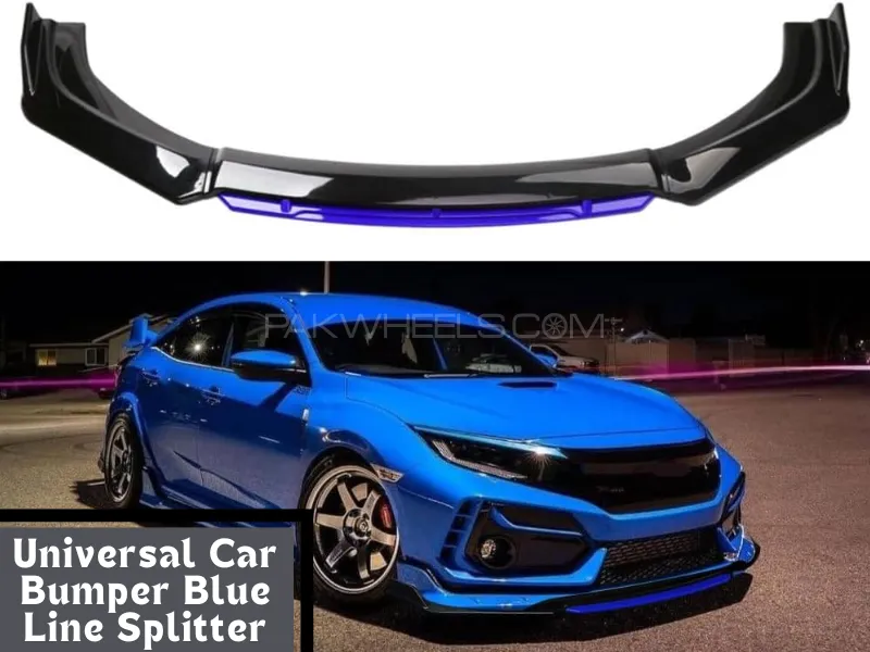 Universal Car Front Bumper Blue Line Lip Splitter | Premium Fiber Material Glossy Black Decorative Image-1