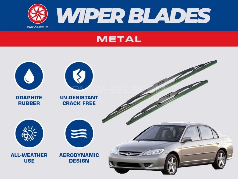 PakWheels Metal Wiper Blades For Honda Civic 2002 - 2006 Image-1