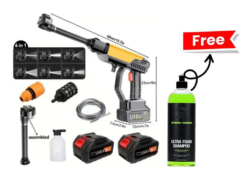 Imported Cordless Pressure Washer- 6 in 1 Adjustable Nozzle-Dual Battery 198V- Free Large Microfiber Image-1