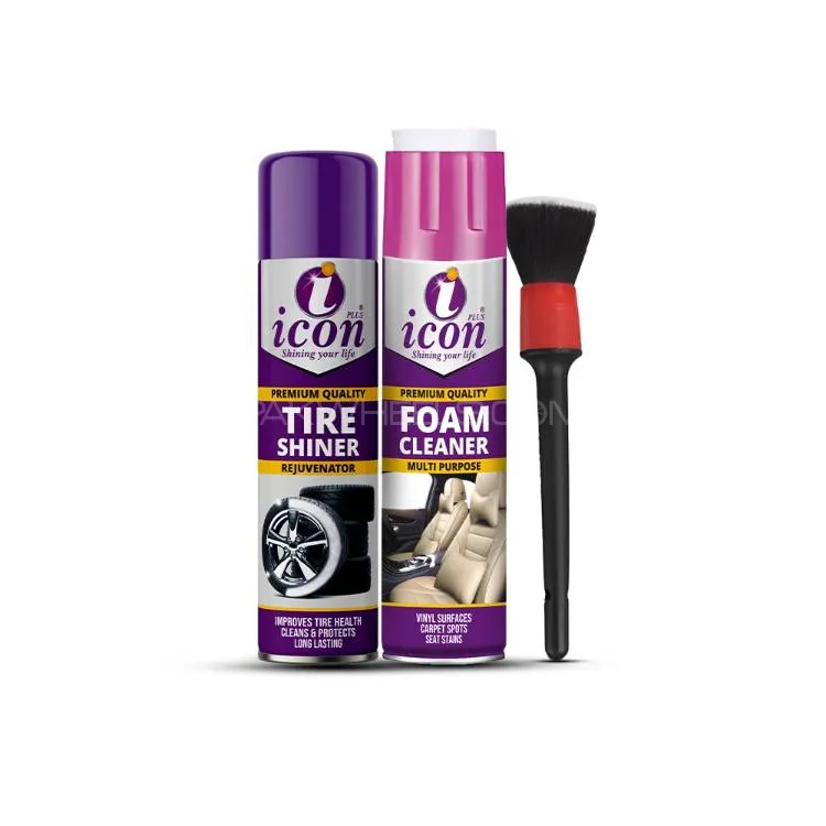 Icon plus Car Detailing Kit – Tire Shiner 650ml Foam Cleaner 650ml Detailing Brush  Image-1