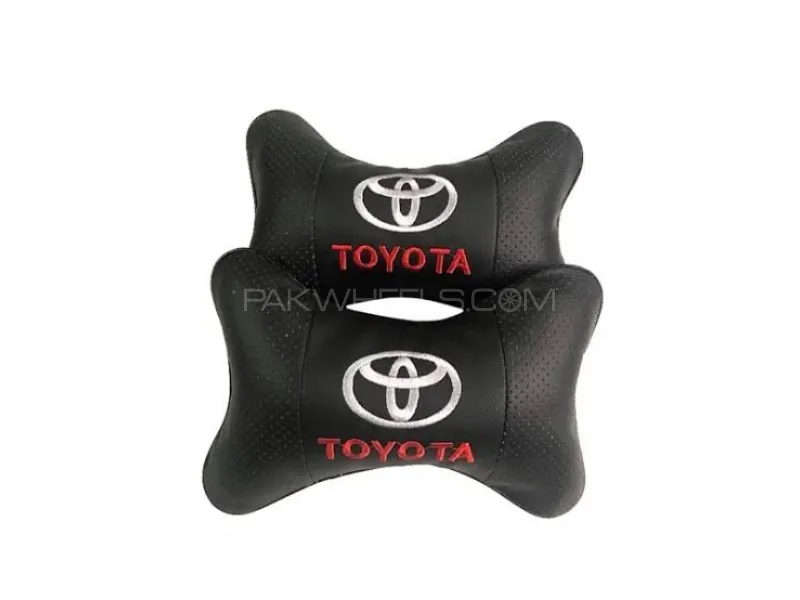 2 PCS Toyota Logo Imported Neck Rest Headrest Pillow Cushion Black - Pair Image-1