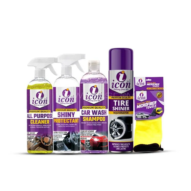 Icon Plus Summer Shine 5-in-1 Car Care Kit – Car Shampoo, Tire Shiner, APC, Protectant & Microfiber Image-1