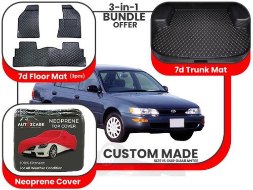 Toyota Corolla 1987-1995| Premium Bundle – 3-in-1 | 7D Floor Mats, Trunk Mat, Neoprene Cover Toyota Corolla 1987-1995| Premium Bundle – 3-in-1 | 7D Floor Mats, Trunk Mat, Neoprene Cover