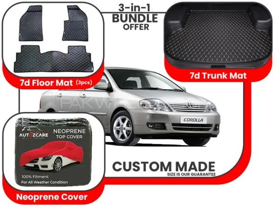 Toyota Corolla 2003-2008| Premium Bundle – 3-in-1 | 7D Floor Mats, Trunk Mat, Neoprene Cover Image-1