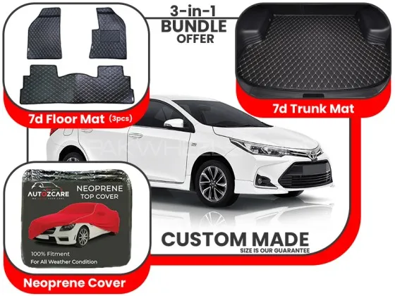 Toyota Corolla 2017-2025| Premium Bundle – 3-in-1 | 7D Floor Mats, Trunk Mat, Neoprene Cover Image-1