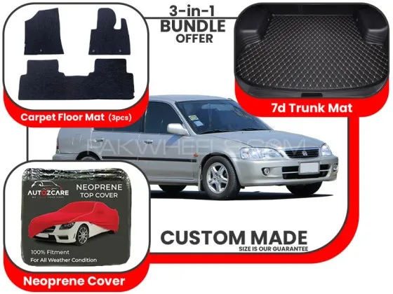 Honda City 1998-2002 | Premium Bundle – 3-in-1 |Carpet floor mats , Trunk Mat and Neoprene Cover Image-1