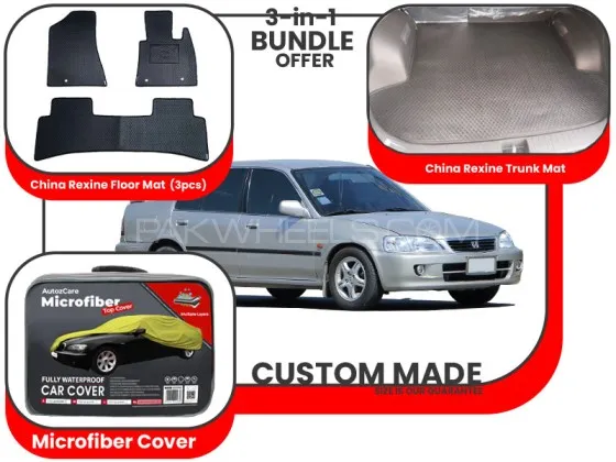 Honda City 1998-2002|Premium Bundle – 3-in-1|China Rexine floor mats ,Trunk Mat and Microfiber Cover Image-1