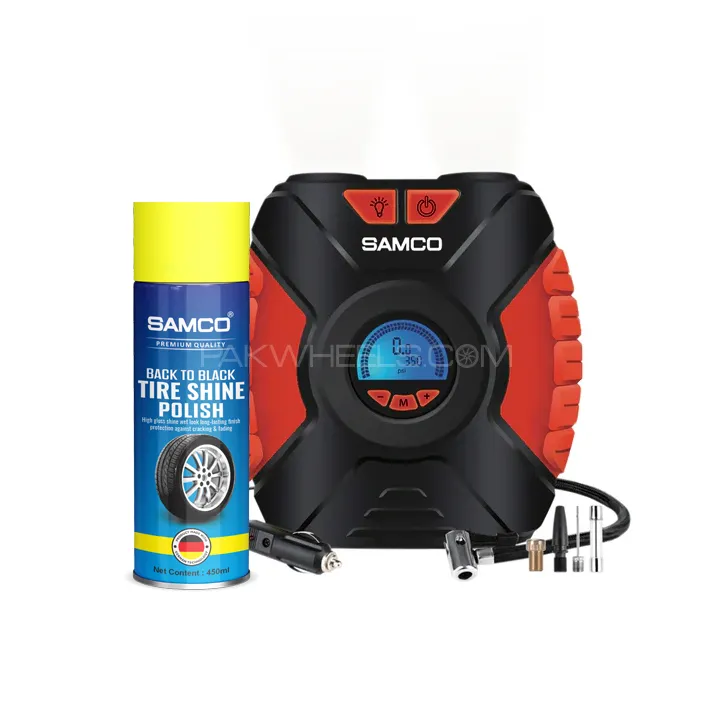 Samco Digital Tyre Inflator with LED light - SM1618 With Tire Shine Spray Image-1