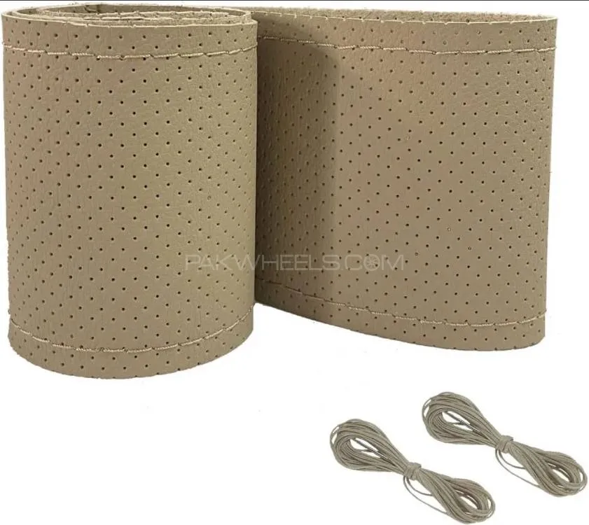 Universal Leather Car Steering Wheel Stitch On Wrap Cover Anti Slip, 15-Inch ( Beige COLOUR ) Image-1