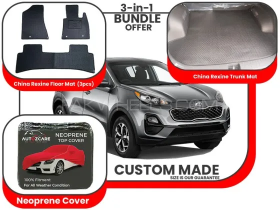 Kia Sportage 2019-2024|Premium Bundle– 3-in-1|China Rexine floor mats,Trunk Mat and Neoprene Cover Image-1