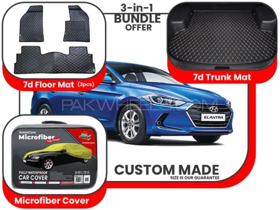 Hyundai Elantra 2017 2023 |Premium Bundle– 3-in-1|7D floor mats ,Trunk Mat and Microfiber Cover Image-1