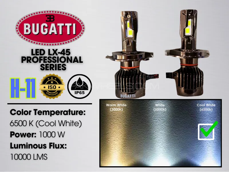 H11 | Bughatti Lx 45 SMD | 1000 W | 10,000 LMS | IP65 | Color Temperature 6500K | Cool White | LED K Image-1