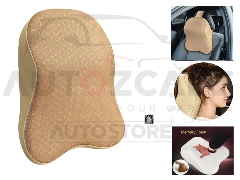 Universal Imported Leather Style Neckrest Backrest | Breathable Pillow Neck Support Cushion - Beige Image-1