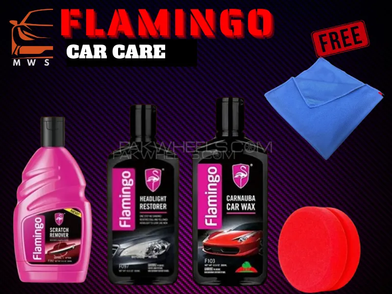 Flamingo Car Care Pack of 4 – Scratch Remover, Carnauba Wax, Headlight Restorer + Free Cloth Image-1