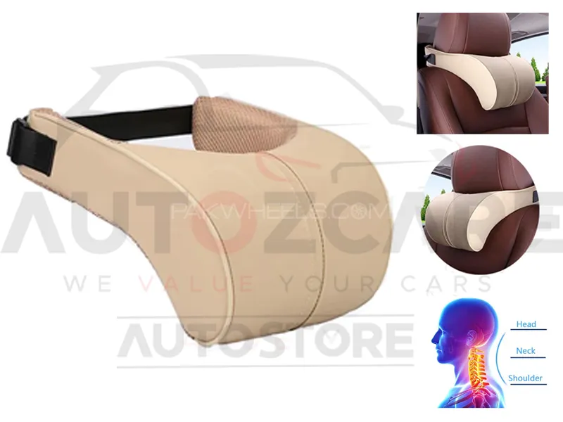 Universal Car Neck Rest Cushion Pillow | Head Neck Shoulder Support | Memory Foam - Beige Image-1
