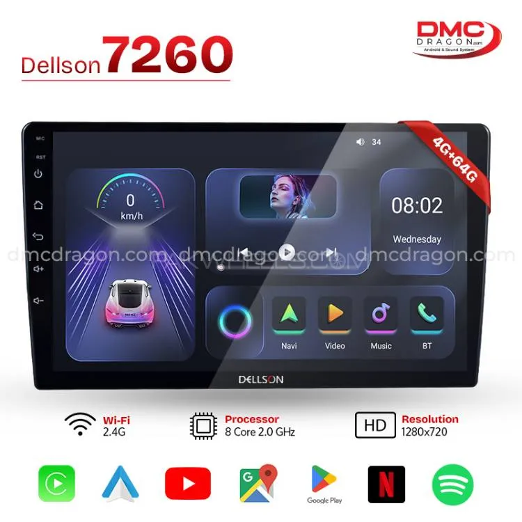 Dellson 7260 Android Car Stereo 10-in Screen 360° camera | 4GB + 64GB | Apple CarPlay & Android Auto Image-1
