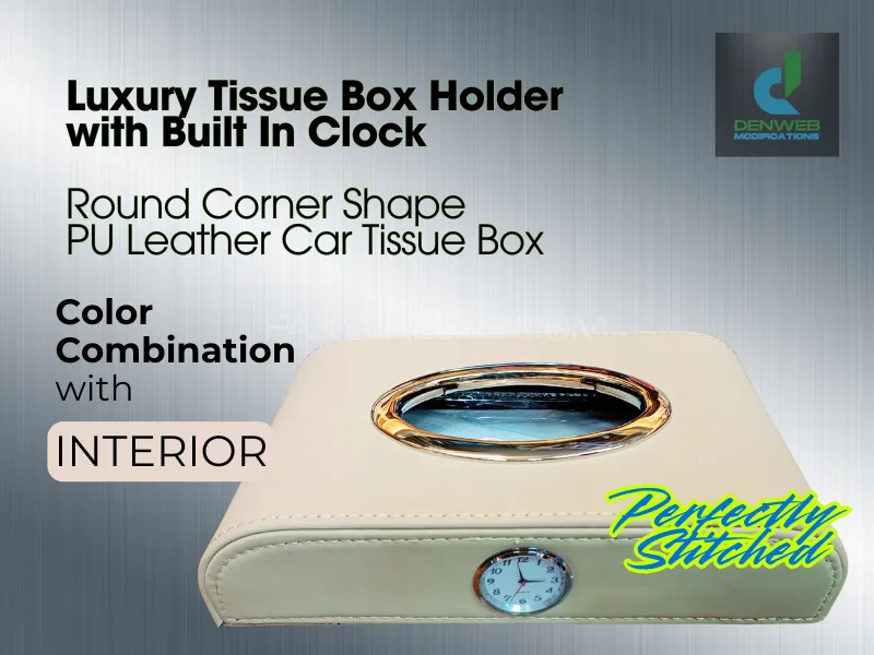 Tissue Box | Off white | PU leather | Car Paper Boxes with Built-in Quartz Clock| to match | Cars In Image-1