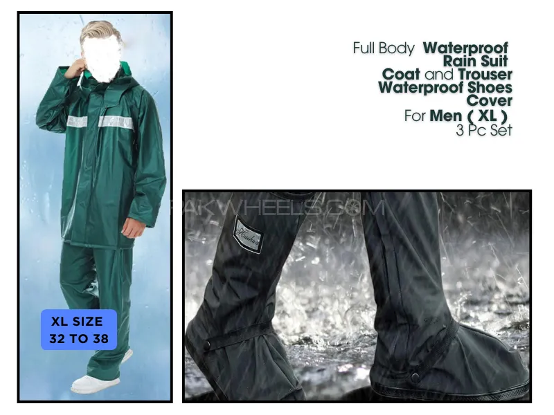 Rain Suit Waterproof | Full Body | Rain Suit Coat | and | Trouser for Men (XL) & Shoes | 1+1+1 = 3 P Image-1