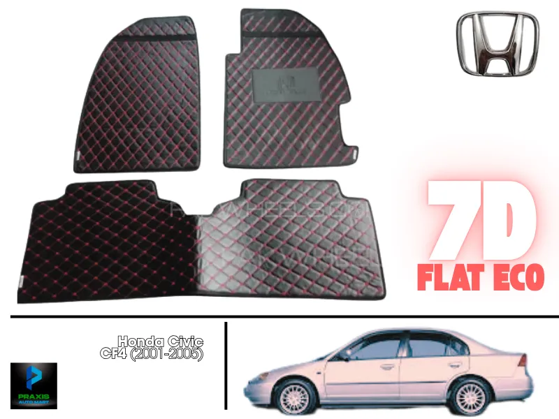 Honda Civic 2001-2006 | 7D Flat Eco Mats | Honda Civic Black Color 7D Eco Mats With Red Thread Image-1