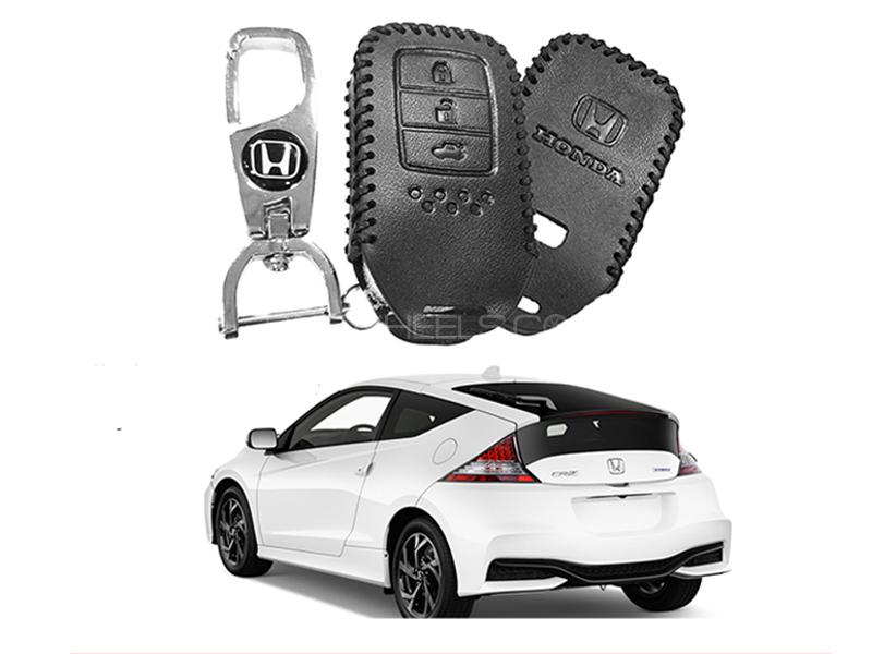 Leather Key Cover With Metal Chrome Keychain For Honda CRZ Image-1