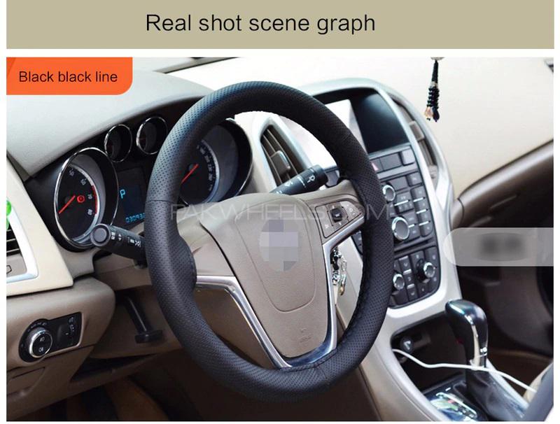 Black Genuine PU Leather Breathable Hand Sewing Car Steering wheel Cover with Black Thread Black Genuine PU Leather Breathable Hand Sewing Car Steering wheel Cover with Black Thread Image-3