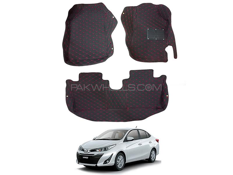 Toyota Yaris 2020-2021 7D Luxury Floor Mats With Burrs - Black & Red for sale in Karachi Image-1