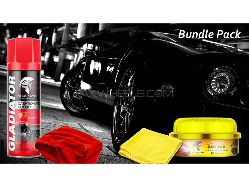 Gladiator Dashboard Polish (Strawberry) And Carnauba Car Wax With 2 Microfiber Cloths - Bundle Pack Image-1