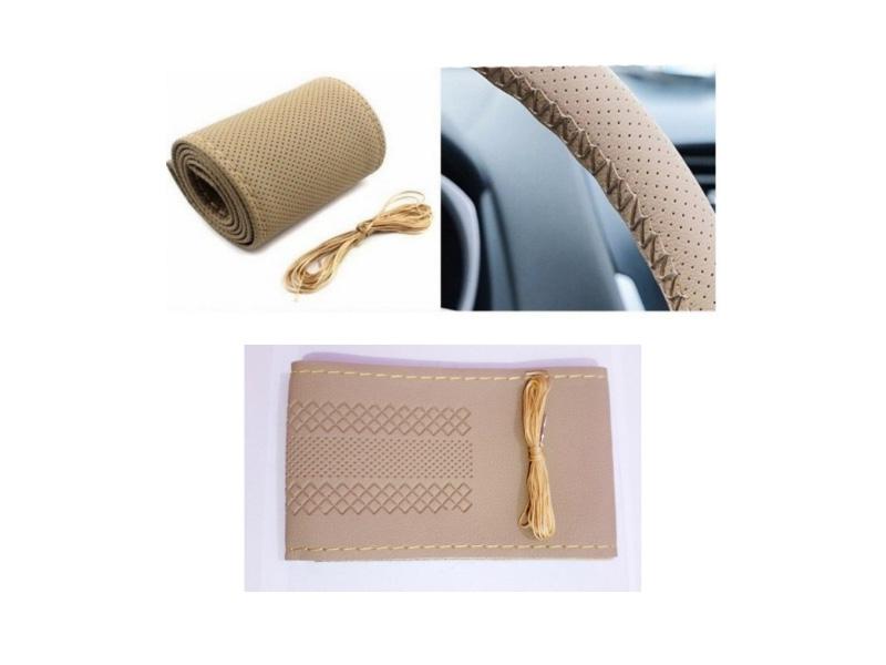 Car Steering Cover Leather Unstitched Beige Image-1