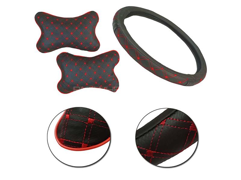 Universal Steering Cover And Neck Rest - Black & Red | 7D Embroidery Design | Leatherette Image-1