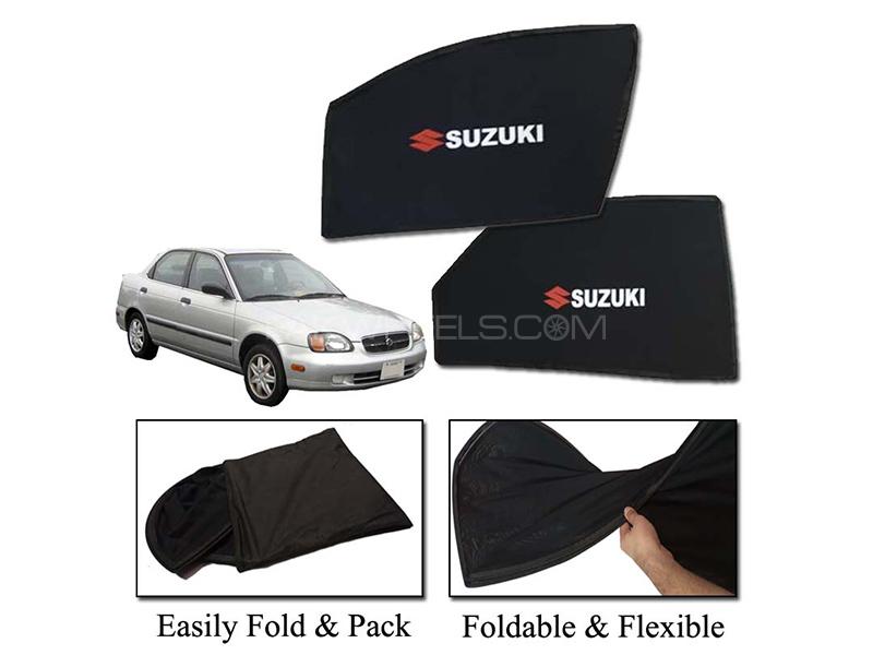 Suzuki Baleno 1998-2005 Foldable Sun Shades With Logo | Mesh Fabric | Heat Proof | Dark Black 
