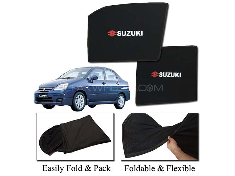 Suzuki Liana 2006-2014 Foldable Sun Shades With Logo | Mesh Fabric | Heat Proof | Dark Black  Image-1