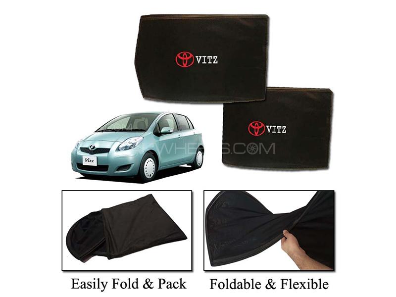 Toyota Vitz 2005-2010 Foldable Sun Shades With Logo | Mesh Fabric | Heat Proof | Dark Black 