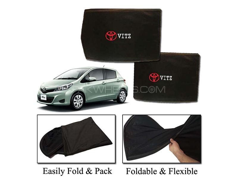 Toyota Vitz 2011-2018 Foldable Sun Shades With Logo | Mesh Fabric | Heat Proof | Dark Black 