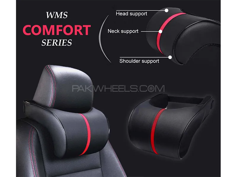 Universal Car Neck Rest Cushion Pillow | Head Neck Shoulder Support | Memory Foam | Black & Red Image-1