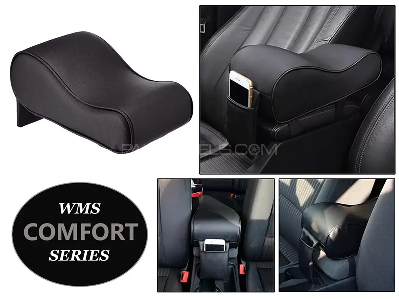 Universal Car Arm Rest With Mobile Holder Pocket - Black PU Leather  Image-1