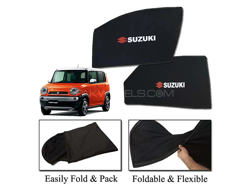 Suzuki Hustler 2014-2020 Sun Shades With Logo | Foldable | Mesh Fabric | Heat Proof | Dark Black Image-1