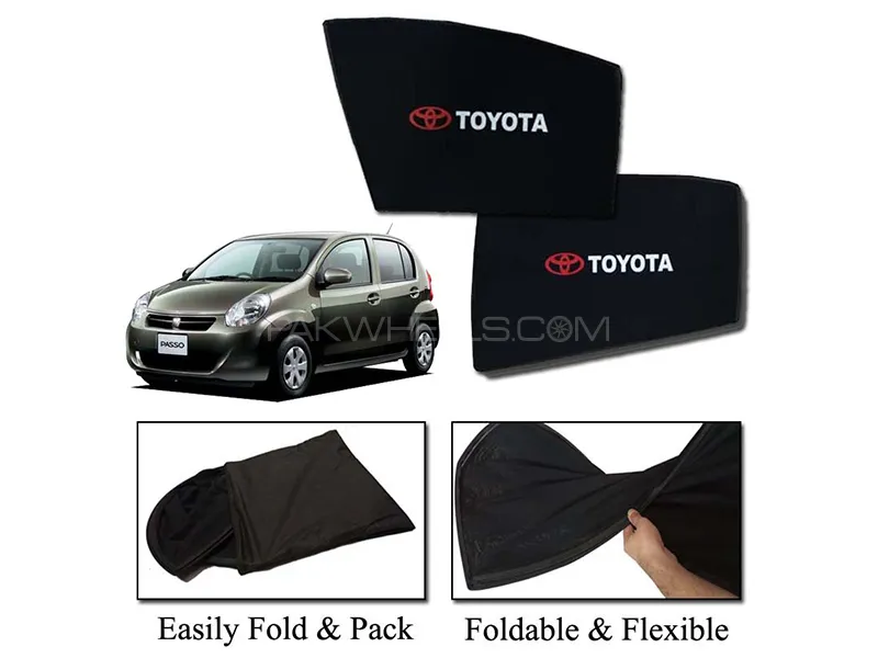 Toyota Passo 2011-2016 Sun Shades With Logo | Foldable | Mesh Fabric | Heat Proof | Dark Black Image-1