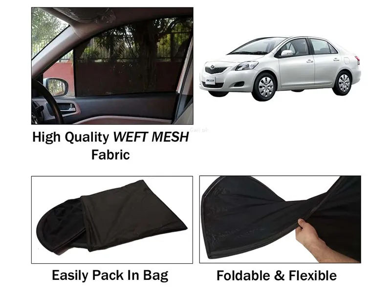 Toyota Belta Sun Shades | Foldable | Heat Proof | Mesh Fabric | Dark Black | 4 Pcs Set Image-1
