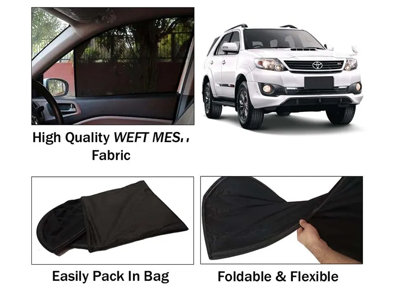 Toyota Fortuner 2013-2016 Sun Shades | Foldable | Heat Proof | Mesh Fabric | Dark Black | 4 Pcs Set Image-1