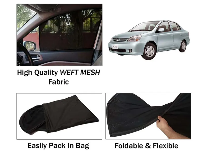 Toyota Platz Sun Shades | Foldable | Heat Proof | Mesh Fabric | Dark Black | 4 Pcs Set Image-1